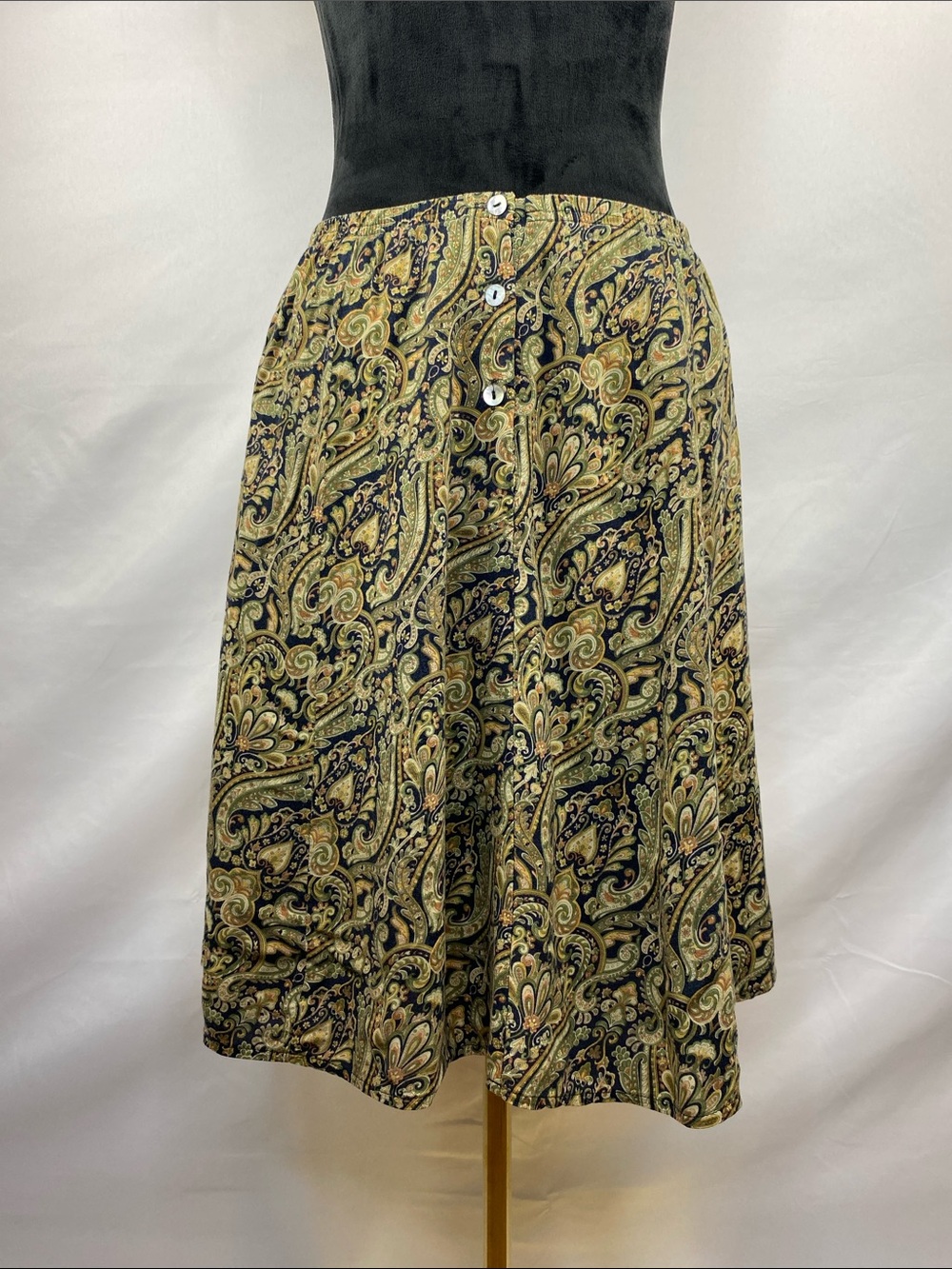 Vintage Liz Baker Petite Whimsigoth Sage Green Paisley Full A-Line Skirt Size XL
